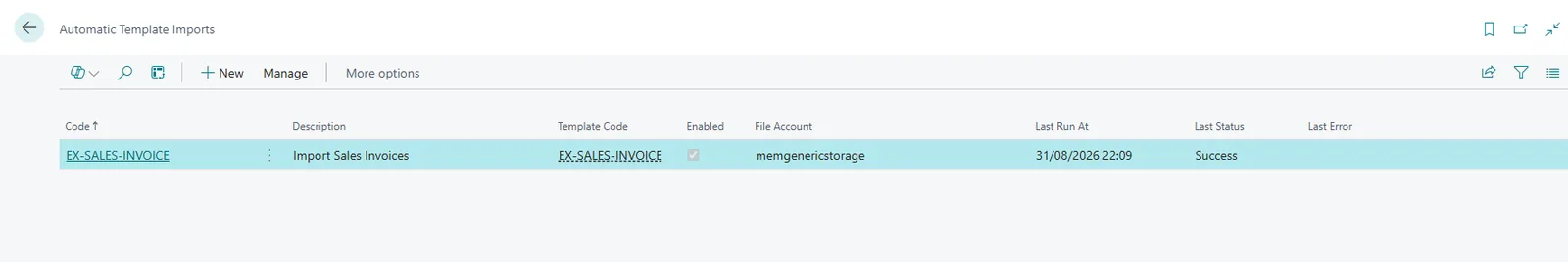 Automatic Template Imports list in Business Central: an enabled automatic import with its file account, last run and status Success