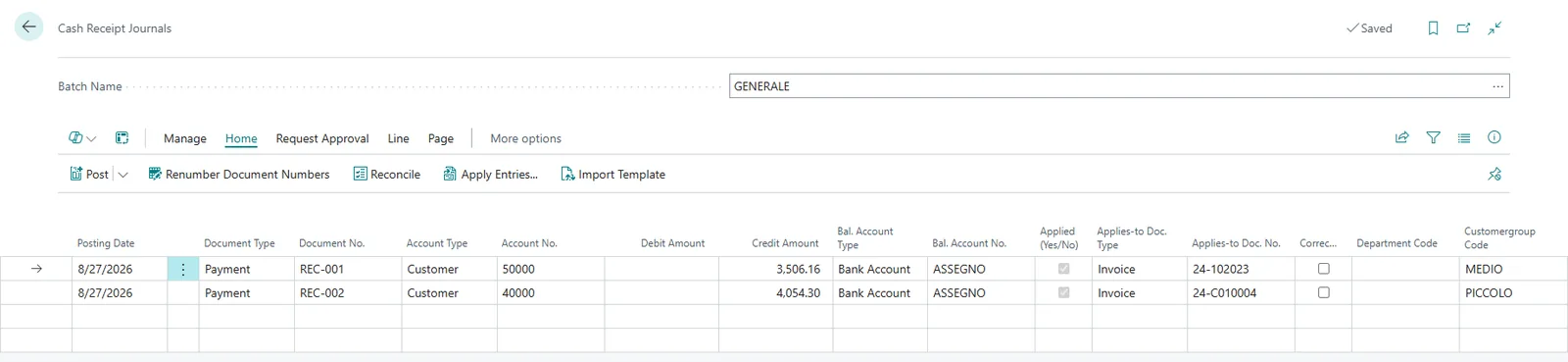 Cash Receipt Journal in Business Central after the import: two customer receipts balanced against the bank account, each applied to a posted sales invoice