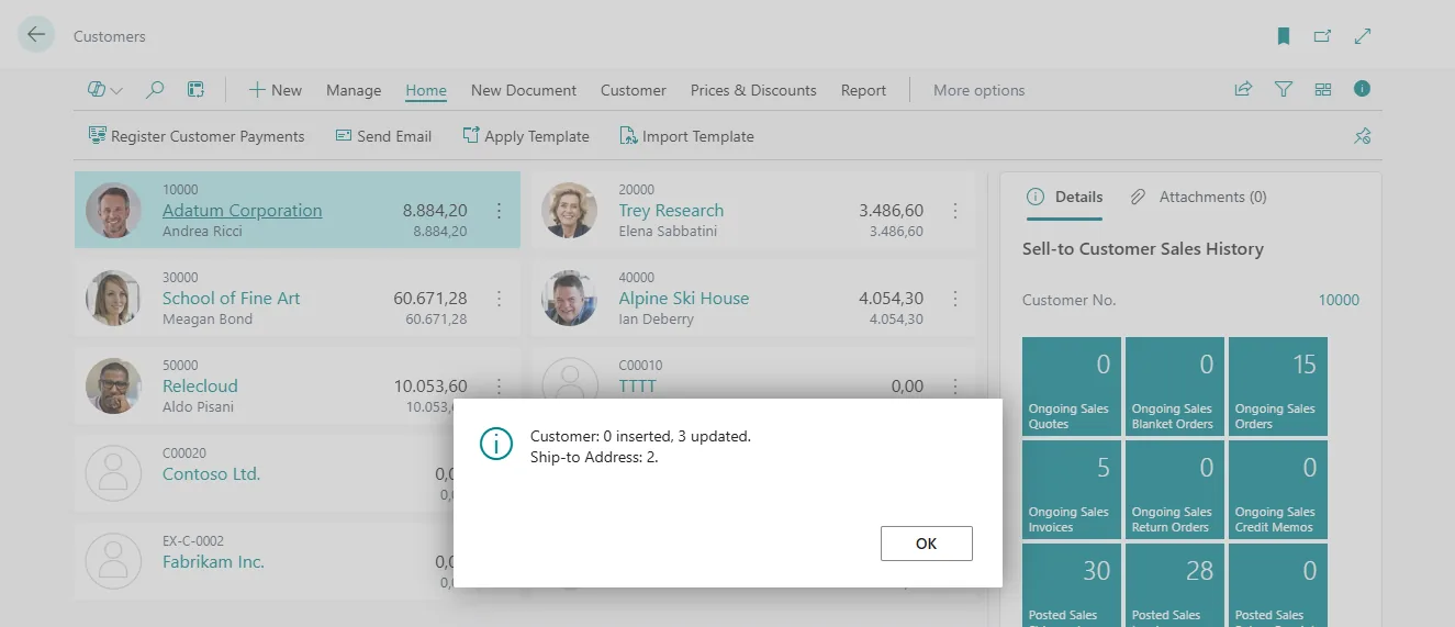 Customers list in Business Central with the import result message: Customer 0 inserted, 3 updated, Ship-to Address 2