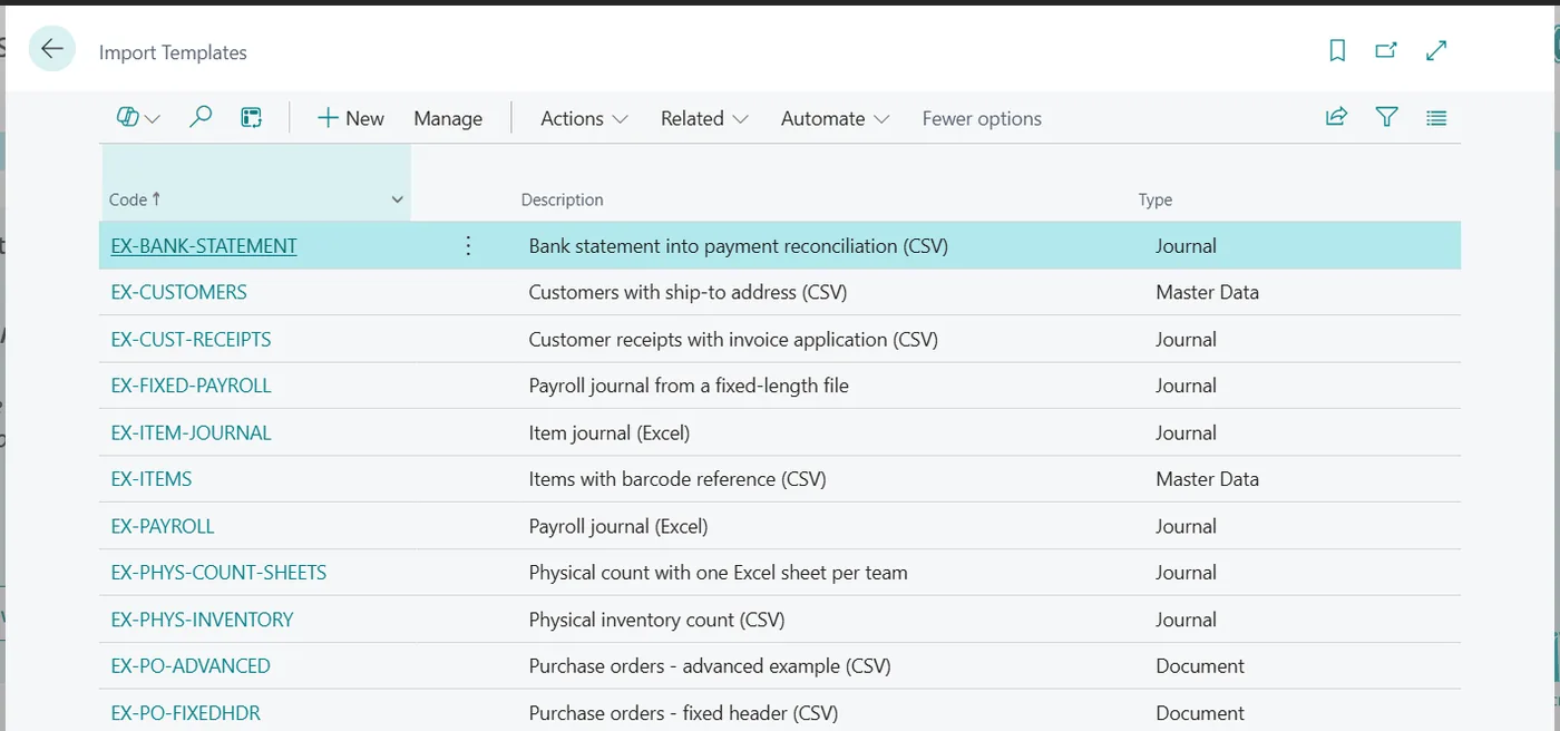 The Import Templates list: template codes and descriptions with their formats