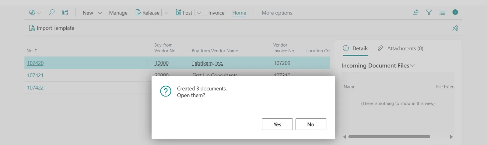 Purchase Invoices list in Business Central after the import: Created 3 documents, one invoice per vendor with its vendor invoice number