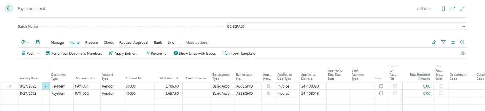 Payment Journal in Business Central after the import: two vendor payments balanced against the bank account, each applied to a posted purchase invoice