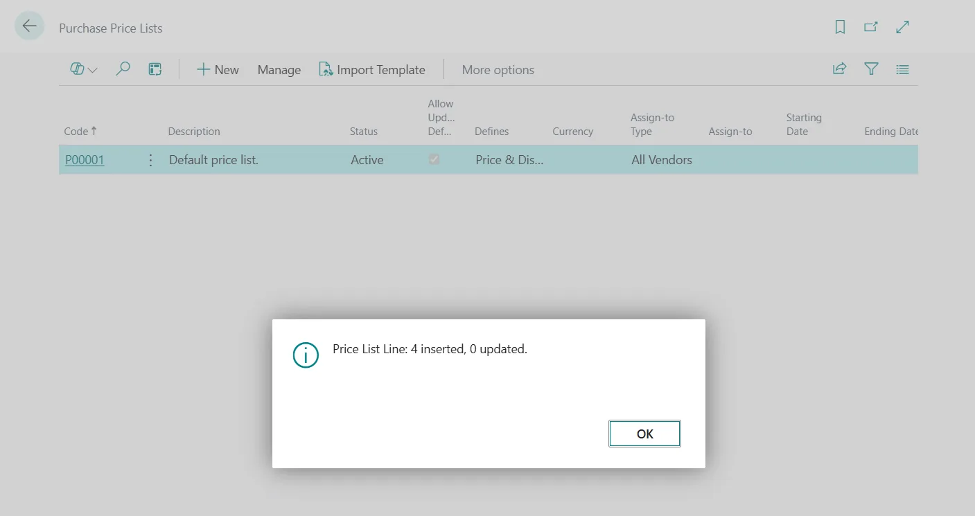 Purchase Price Lists in Business Central after the import: Price List Line 4 inserted, 0 updated