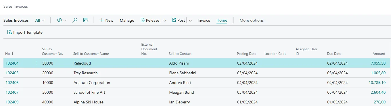 Sales Invoices list in Business Central with the imported invoices and the Import Template action