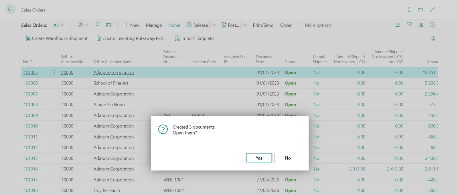 Sales Orders list in Business Central after the import: Created 3 documents, the new orders with their webshop references