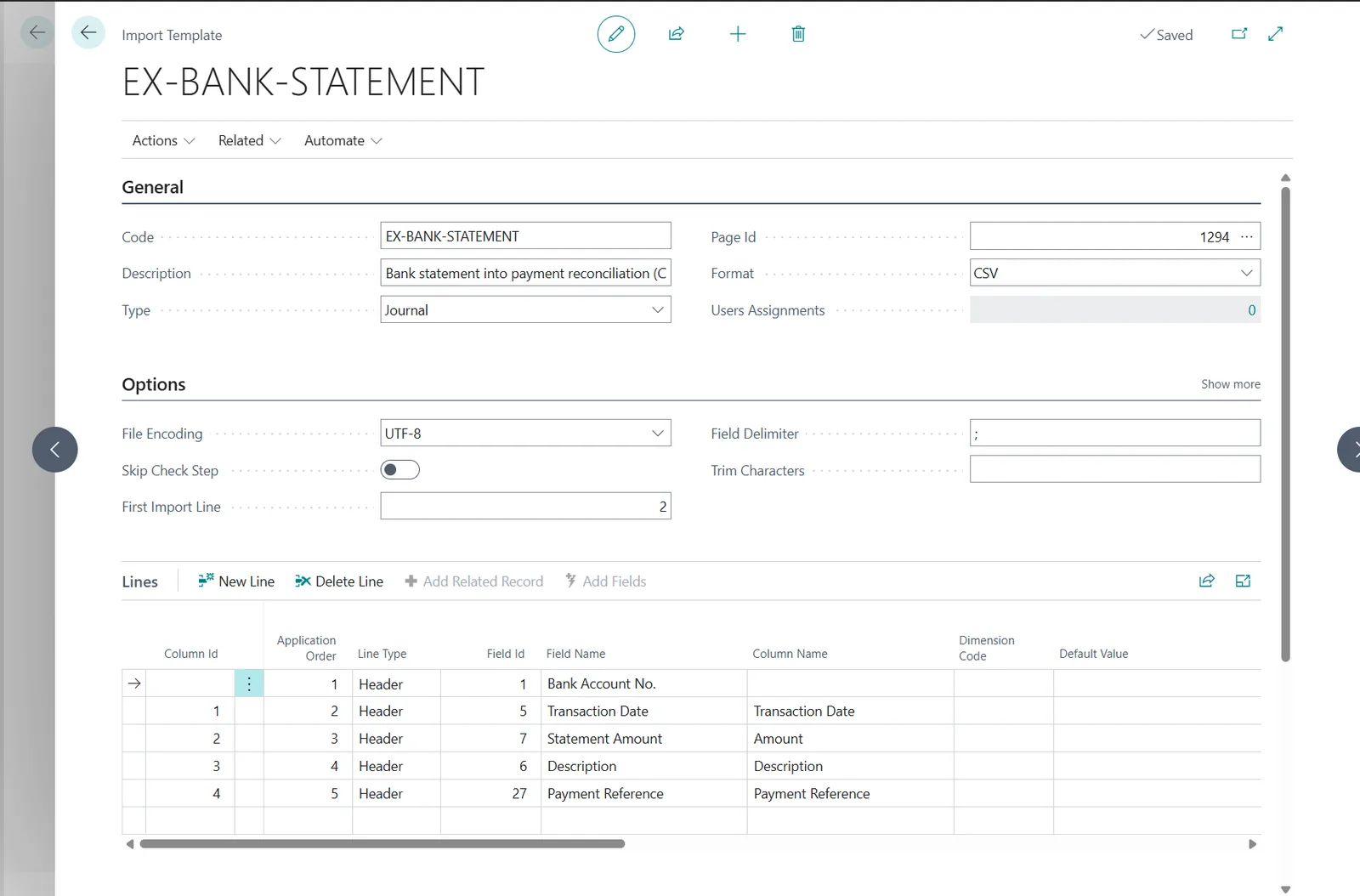 Import Template card EX-BANK-STATEMENT in Business Central targeting the Payment Reconciliation Journals