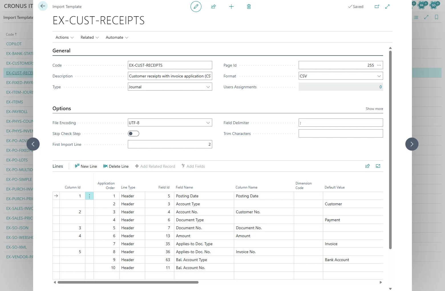 Import Template card EX-CUST-RECEIPTS in Business Central: posting date, customer number, document number, amount and invoice number from the file; account type Customer, document type Payment, applies-to type Invoice and balancing type Bank Account as default values