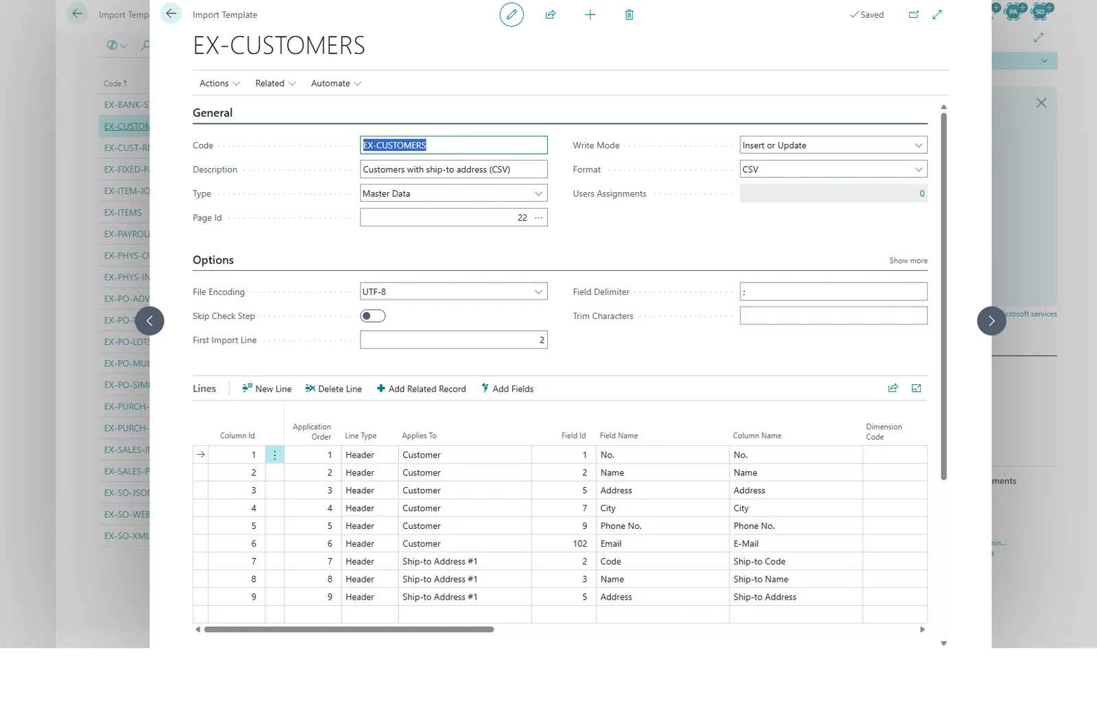 Import Template card EX-CUSTOMERS in Business Central: write mode Insert or Update, format CSV, customer fields and Ship-to Address fields mapped