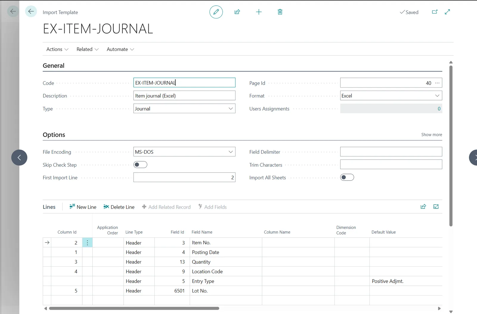 Import Template card EX-ITEM-JOURNAL in Business Central with item, quantity, location and lot number mapped and the entry type as default value
