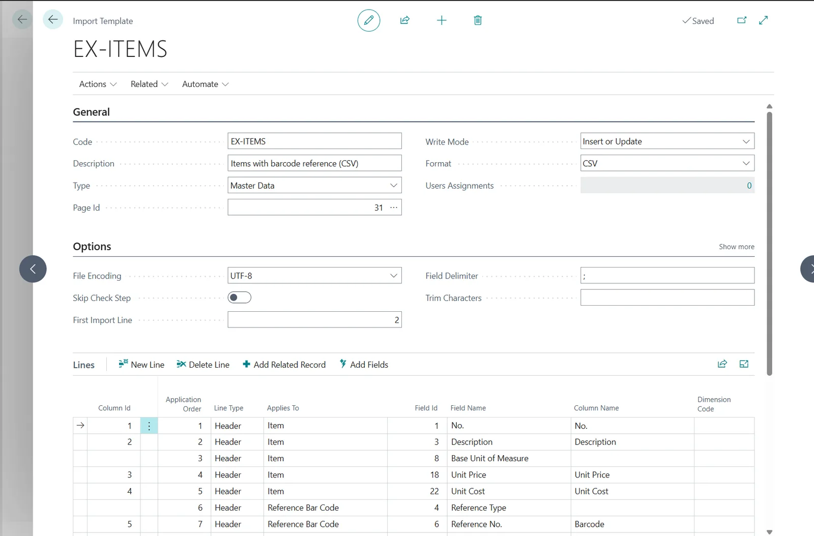 Import Template card EX-ITEMS in Business Central: item fields and the barcode reference group, write mode Insert or Update