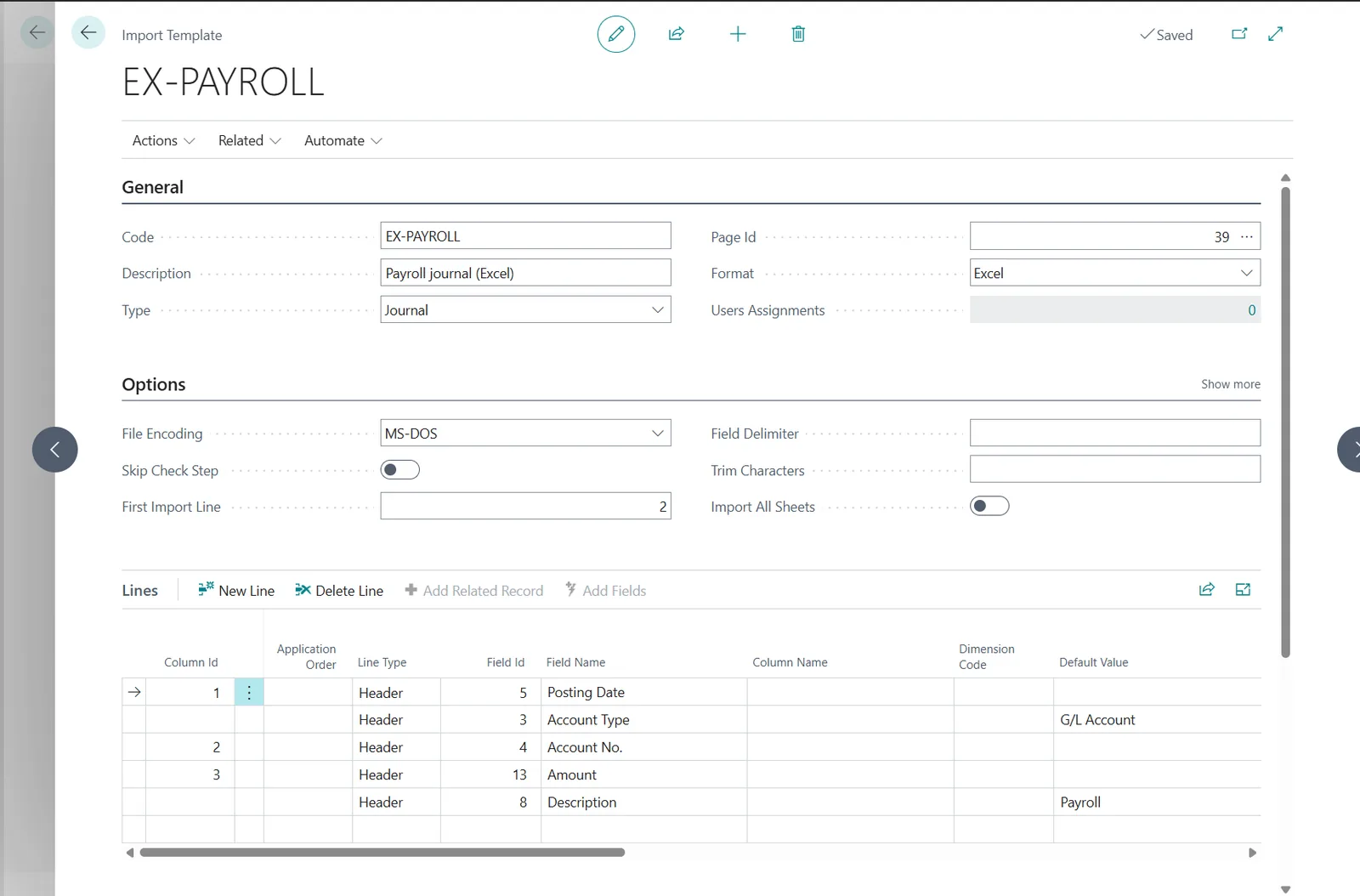 Import Template card EX-PAYROLL in Business Central with the mapping lines and default values