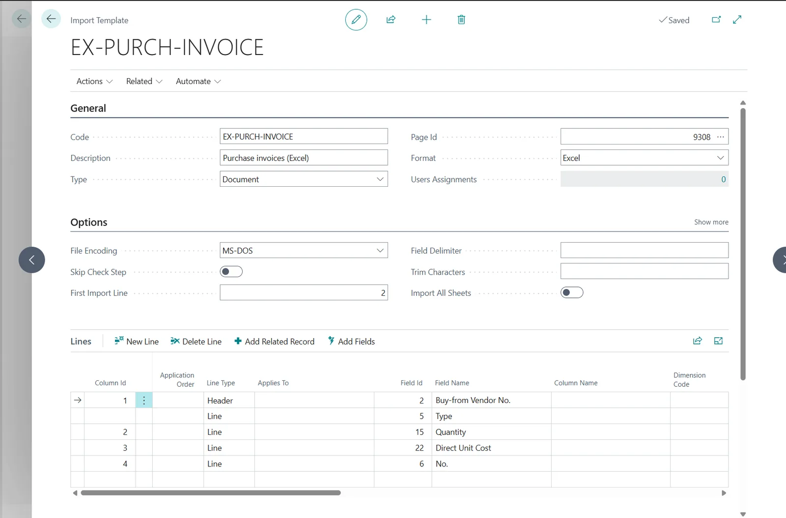 Import Template card EX-PURCH-INVOICE in Business Central, format Excel, header and line fields mapped