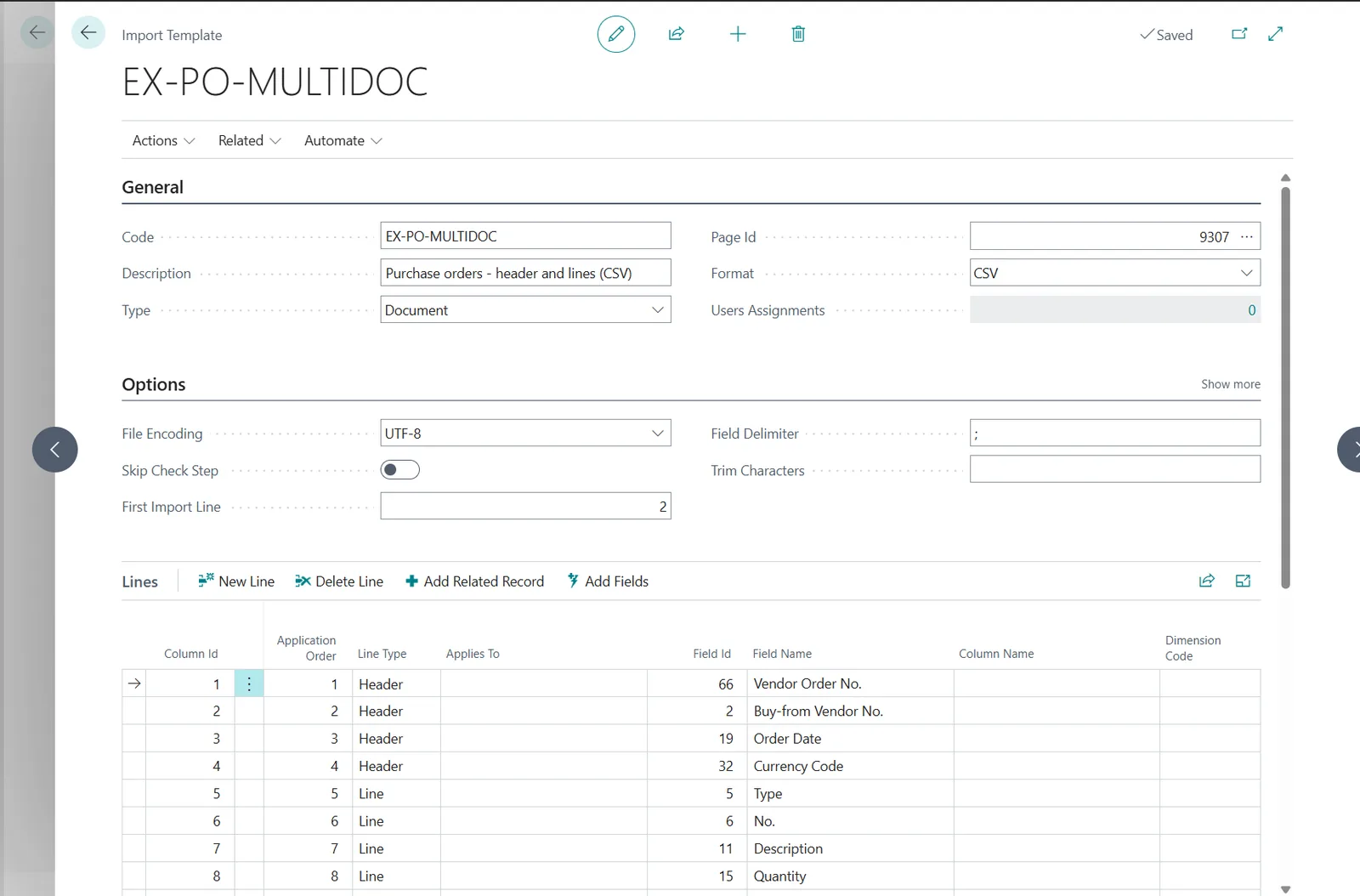 Import Template card EX-PO-MULTIDOC in Business Central with the mapping lines, Vendor Order No. as the first header field