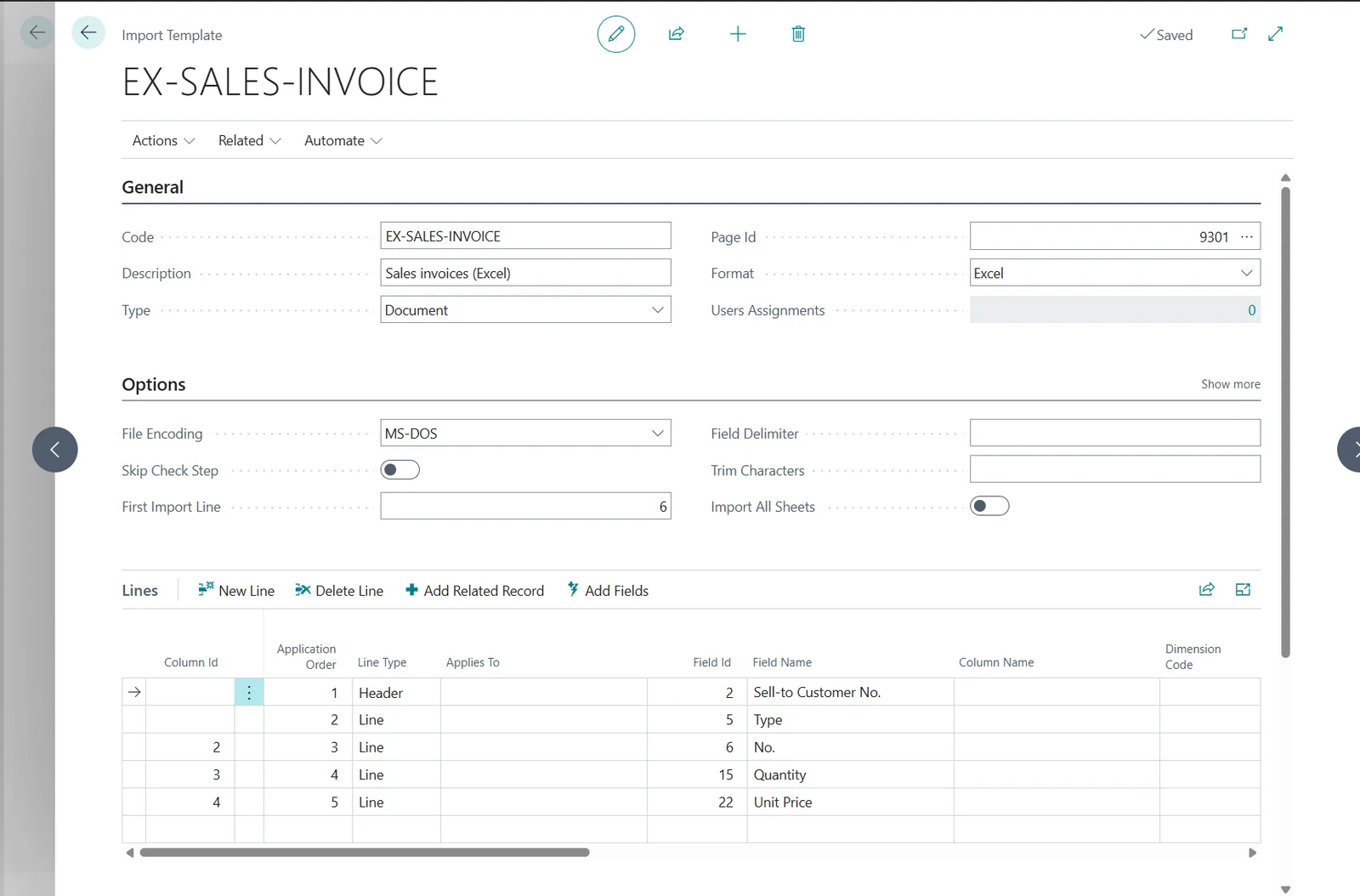 Import Template card EX-SALES-INVOICE in Business Central, format Excel, first import line 6, item lines mapped