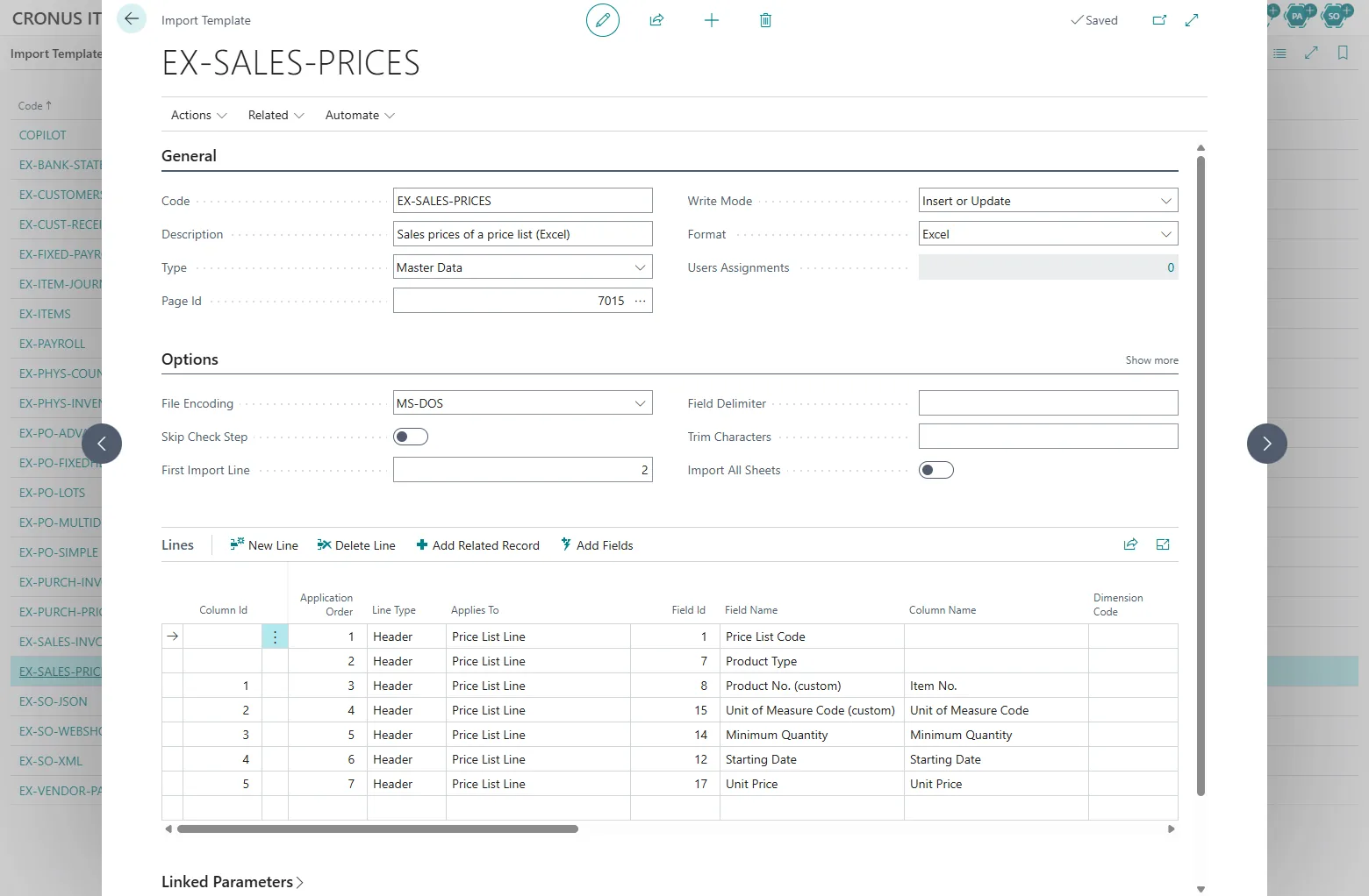 Import Template card EX-SALES-PRICES in Business Central: price list code, product type, item number, unit of measure, minimum quantity, starting date and unit price