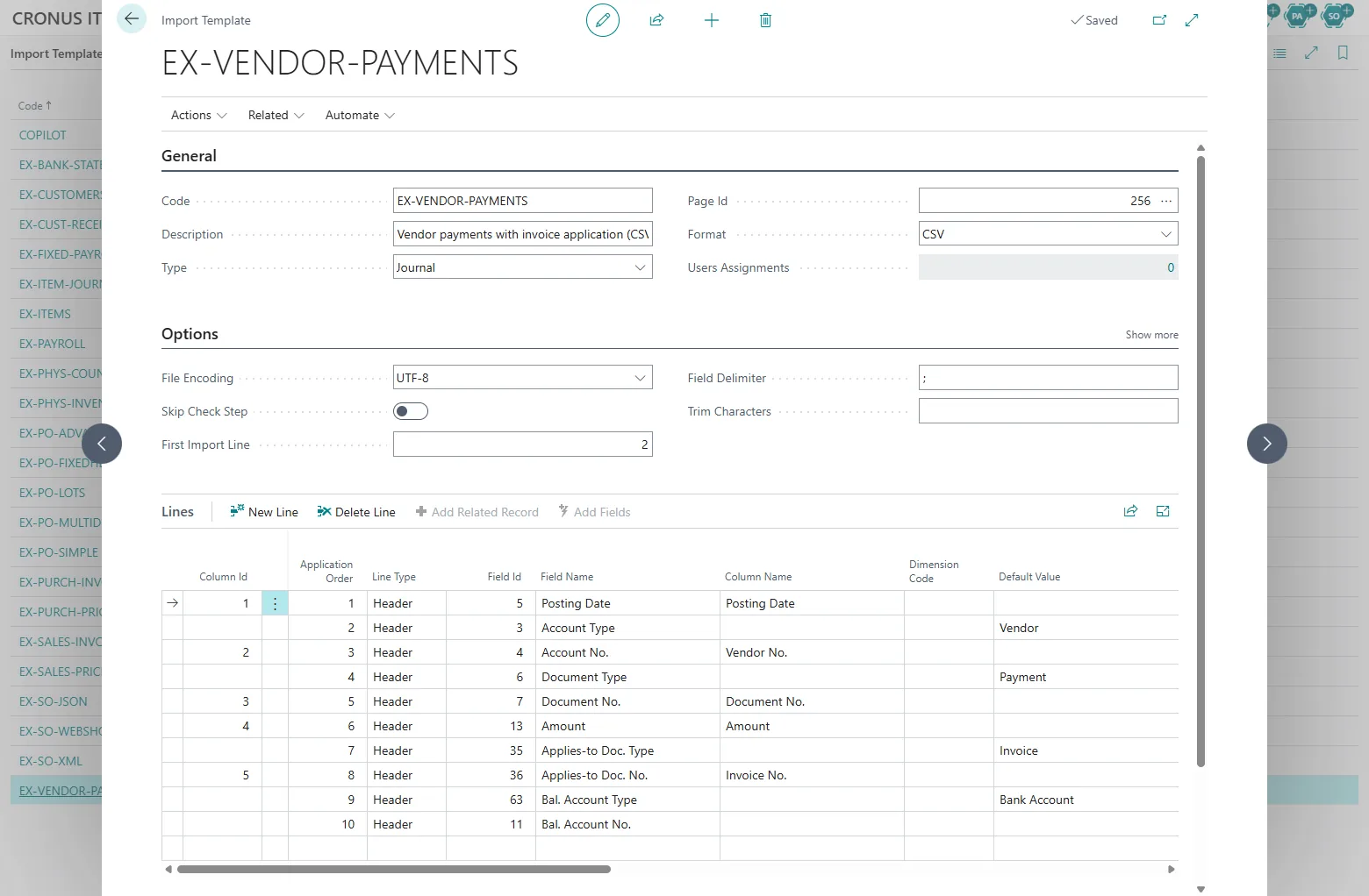 Import Template card EX-VENDOR-PAYMENTS in Business Central: posting date, vendor number, document number, amount and invoice number from the file; account type Vendor, document type Payment, applies-to type Invoice and balancing type Bank Account as default values