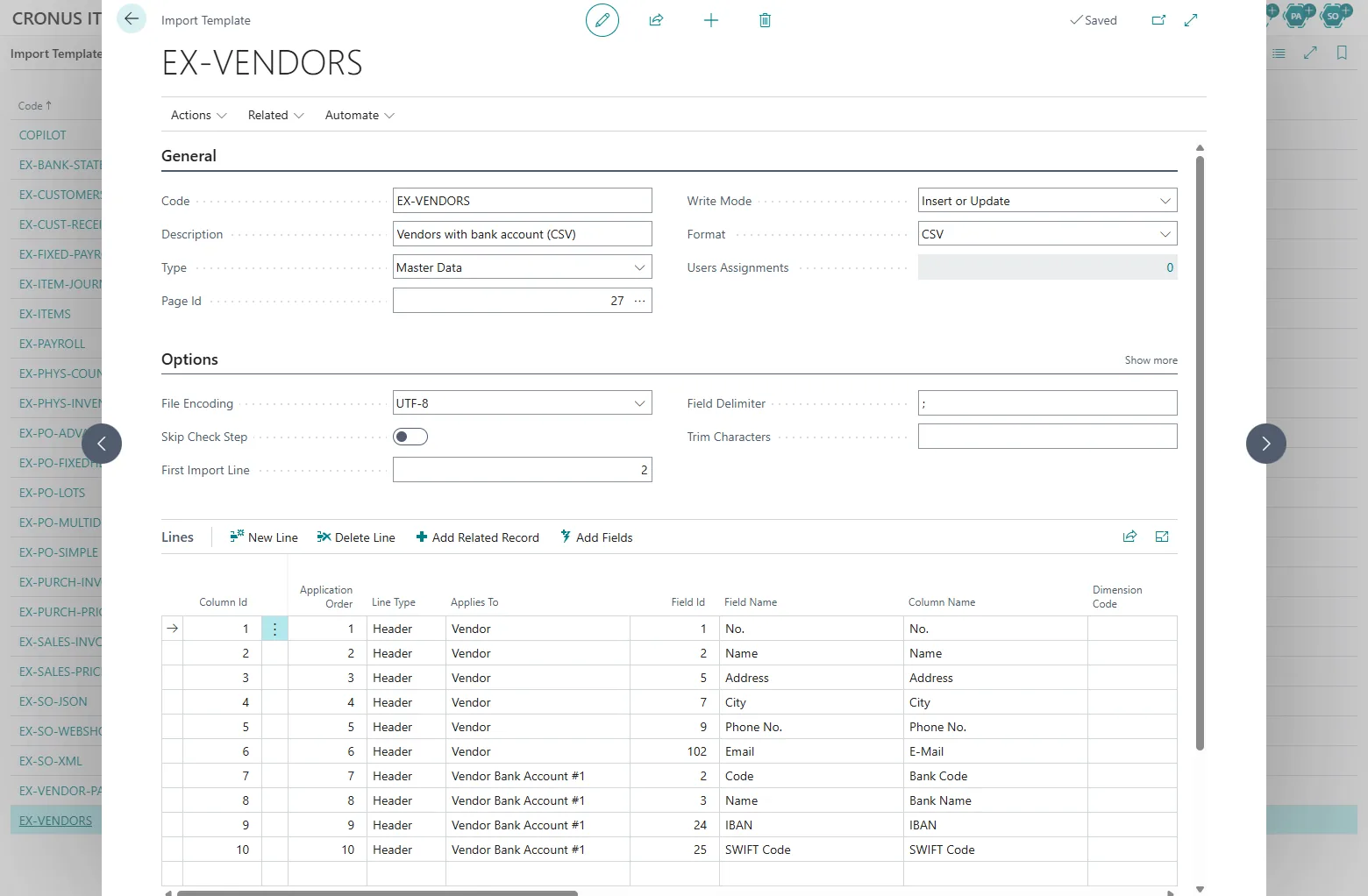 Import Template card EX-VENDORS in Business Central: write mode Insert or Update, vendor fields and Vendor Bank Account fields mapped to the columns of the file