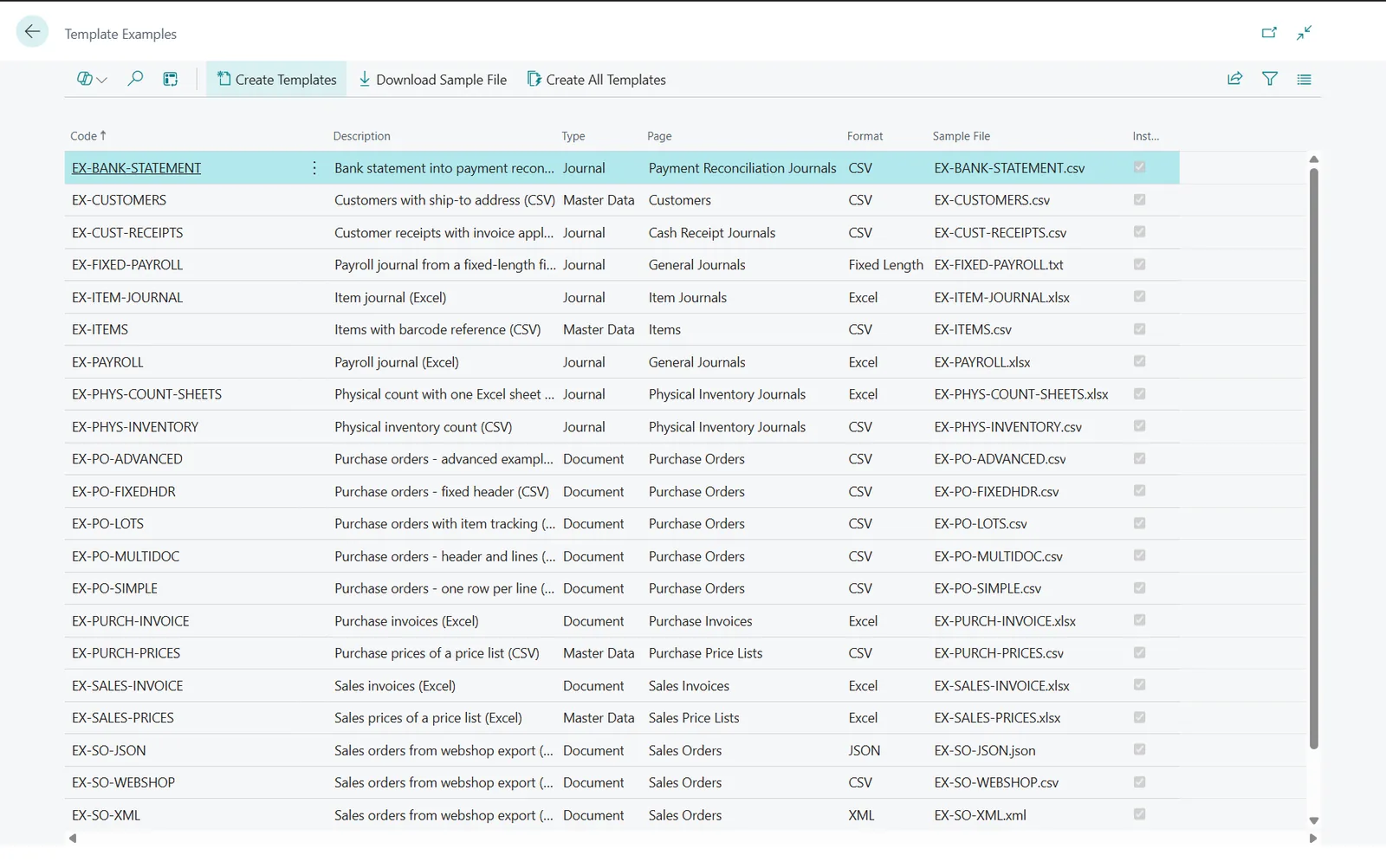 Template Examples page in Business Central listing the example templates with type, target page, format and sample file