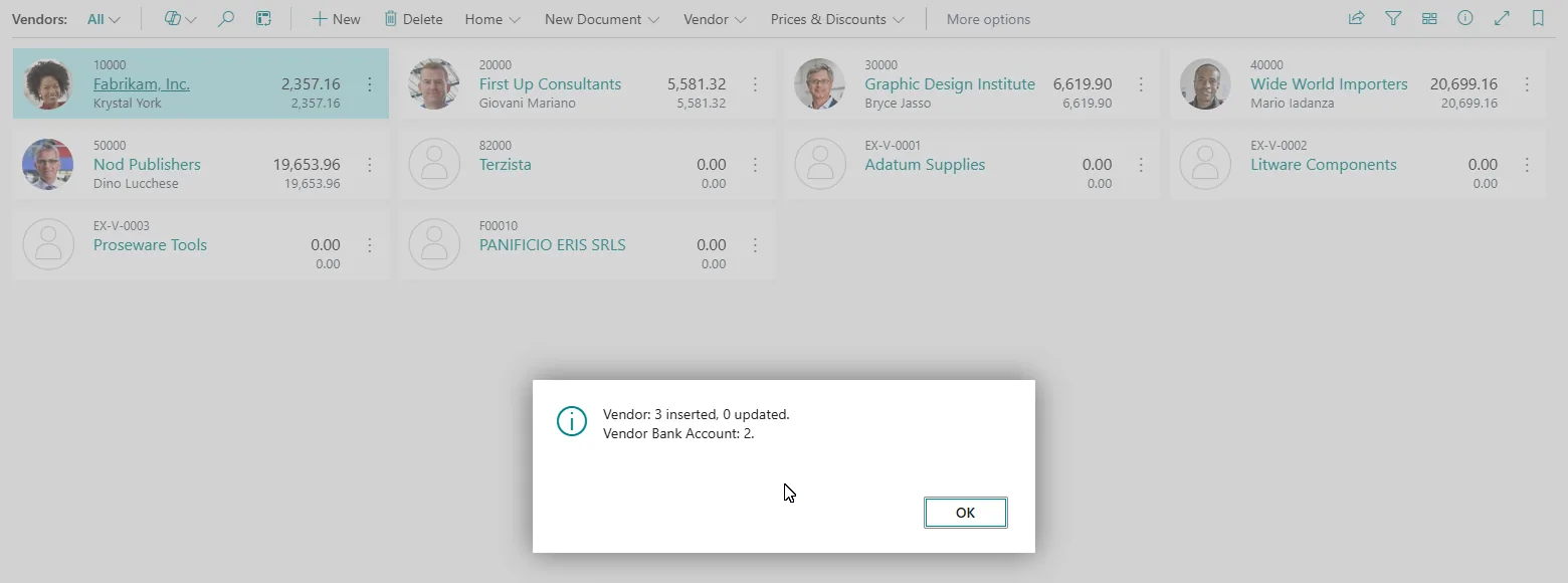 Vendors list in Business Central with the import result: Vendor 3 inserted, 0 updated, Vendor Bank Account 2